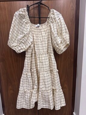 Cream Windowpane Puff-Sleeve Mini Dress